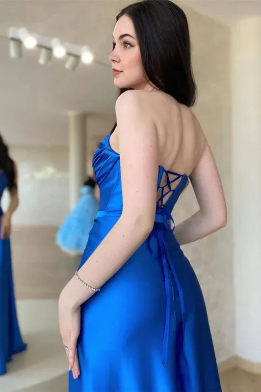 Glamorous A-Line Strapless Sleeveless Lace-Up Royal Blue Floor-Length Prom Dress For Women Ready To Ship