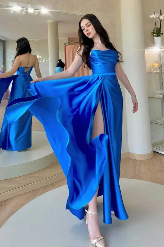Glamorous A-Line Strapless Sleeveless Lace-Up Royal Blue Floor-Length Prom Dress For Women Ready To Ship