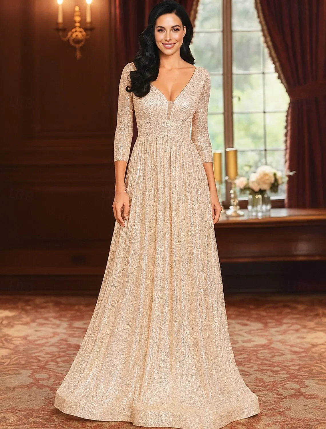 Glamorous A-Line V-Neck 3/4-Sleeve Sequin Champagne Maxi Evening Dress for Women Ready to Ship