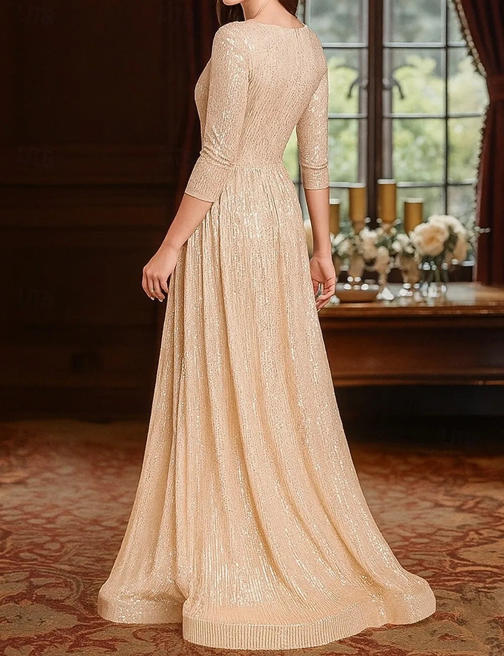 Glamorous A-Line V-Neck 3/4-Sleeve Sequin Champagne Maxi Evening Dress for Women Ready to Ship