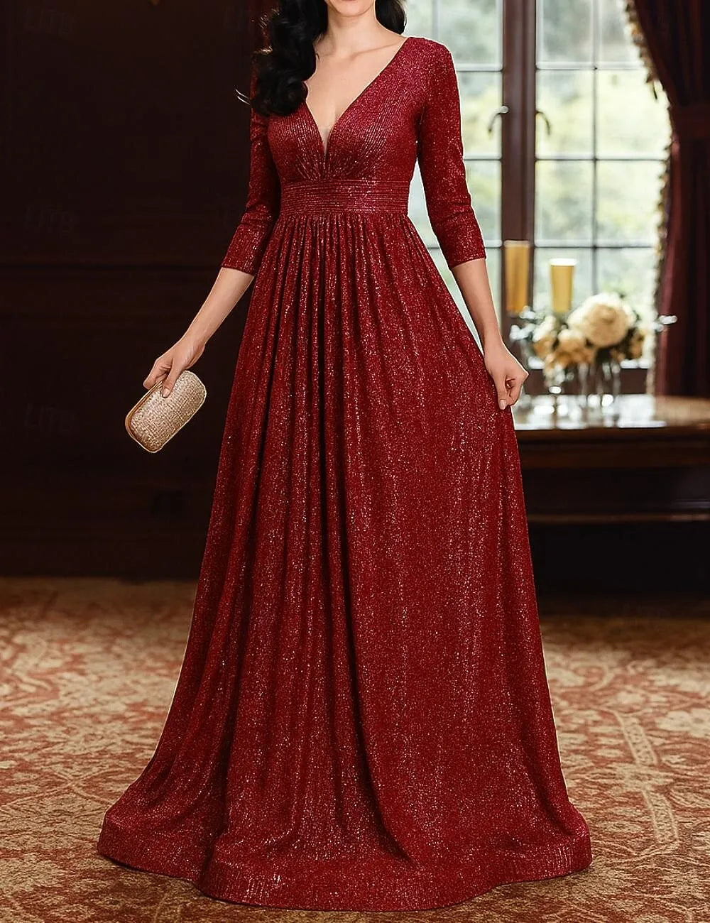 Glamorous A-Line V-Neck 3/4-Sleeve Sequin Champagne Maxi Evening Dress for Women Ready to Ship
