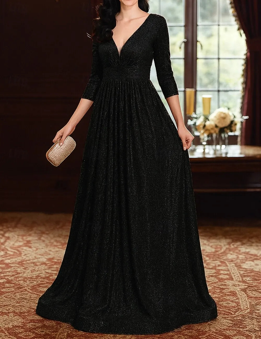 Glamorous A-Line V-Neck 3/4-Sleeve Sequin Champagne Maxi Evening Dress for Women Ready to Ship