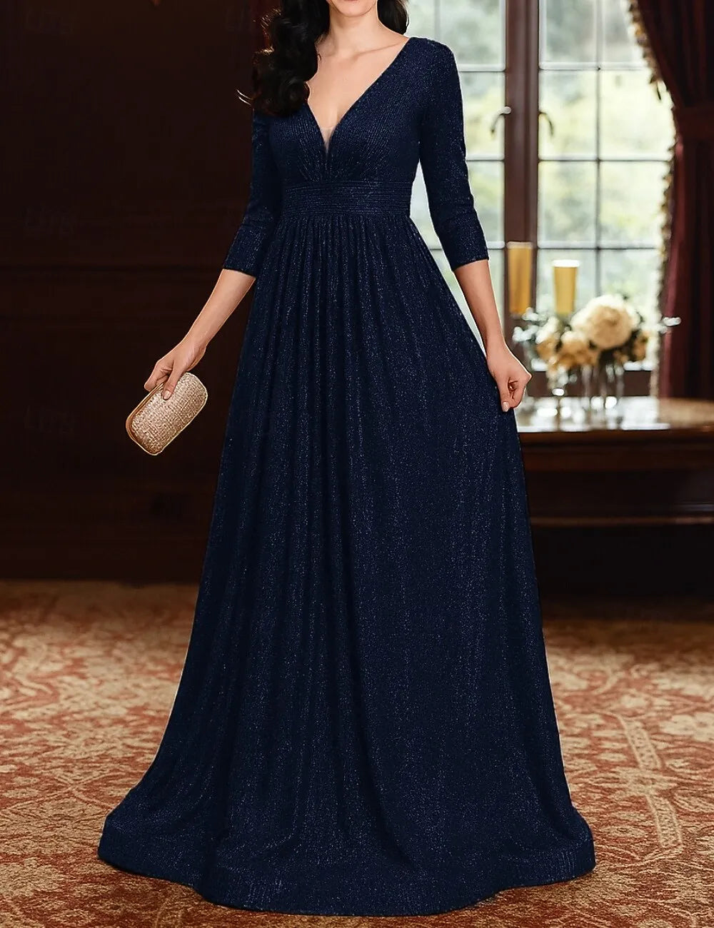 Glamorous A-Line V-Neck 3/4-Sleeve Sequin Champagne Maxi Evening Dress for Women Ready to Ship