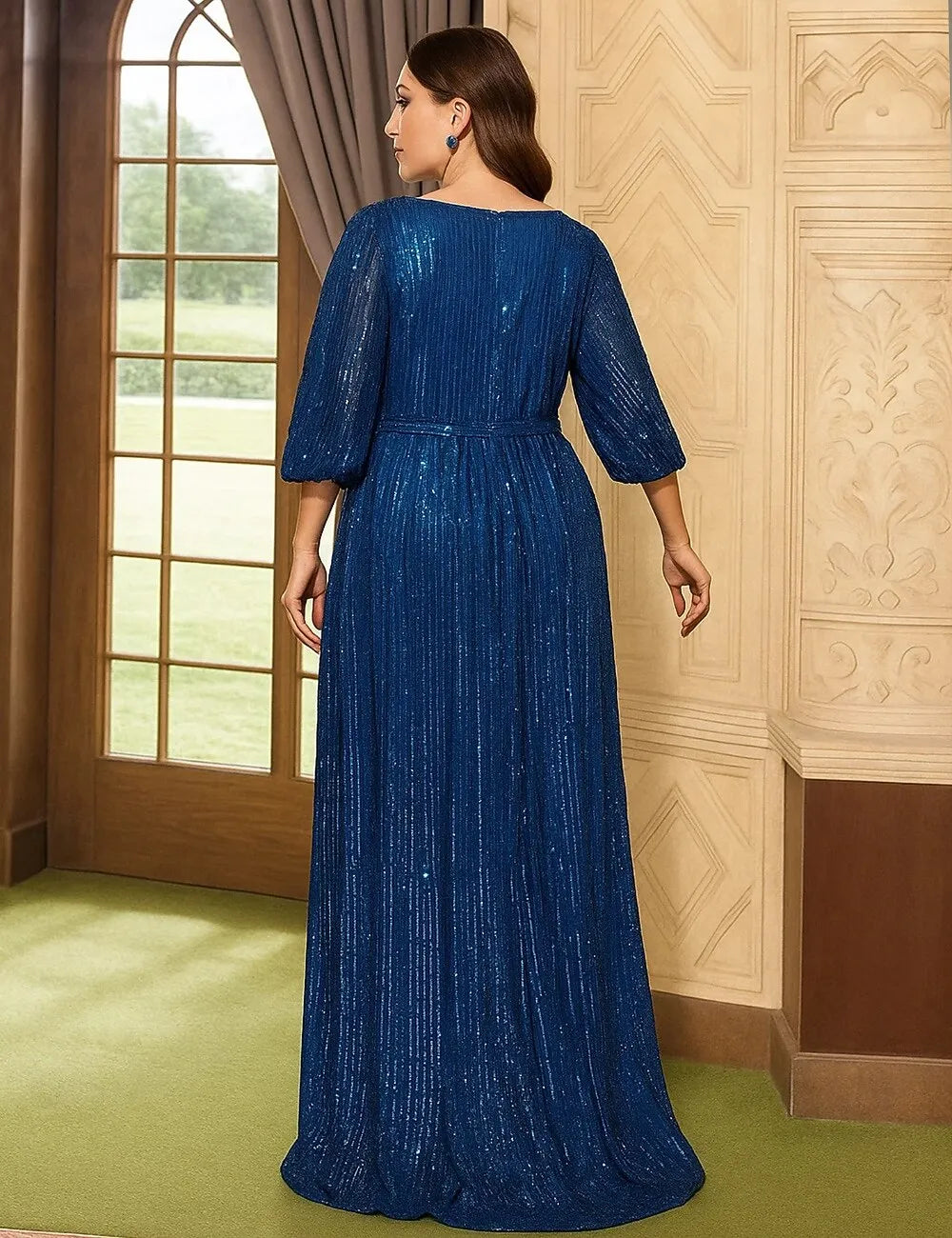Plus Size A-Line V-Neck 3/4-Sleeve Sequin Royal Blue Maxi Evening Dress for Women Ready to Ship
