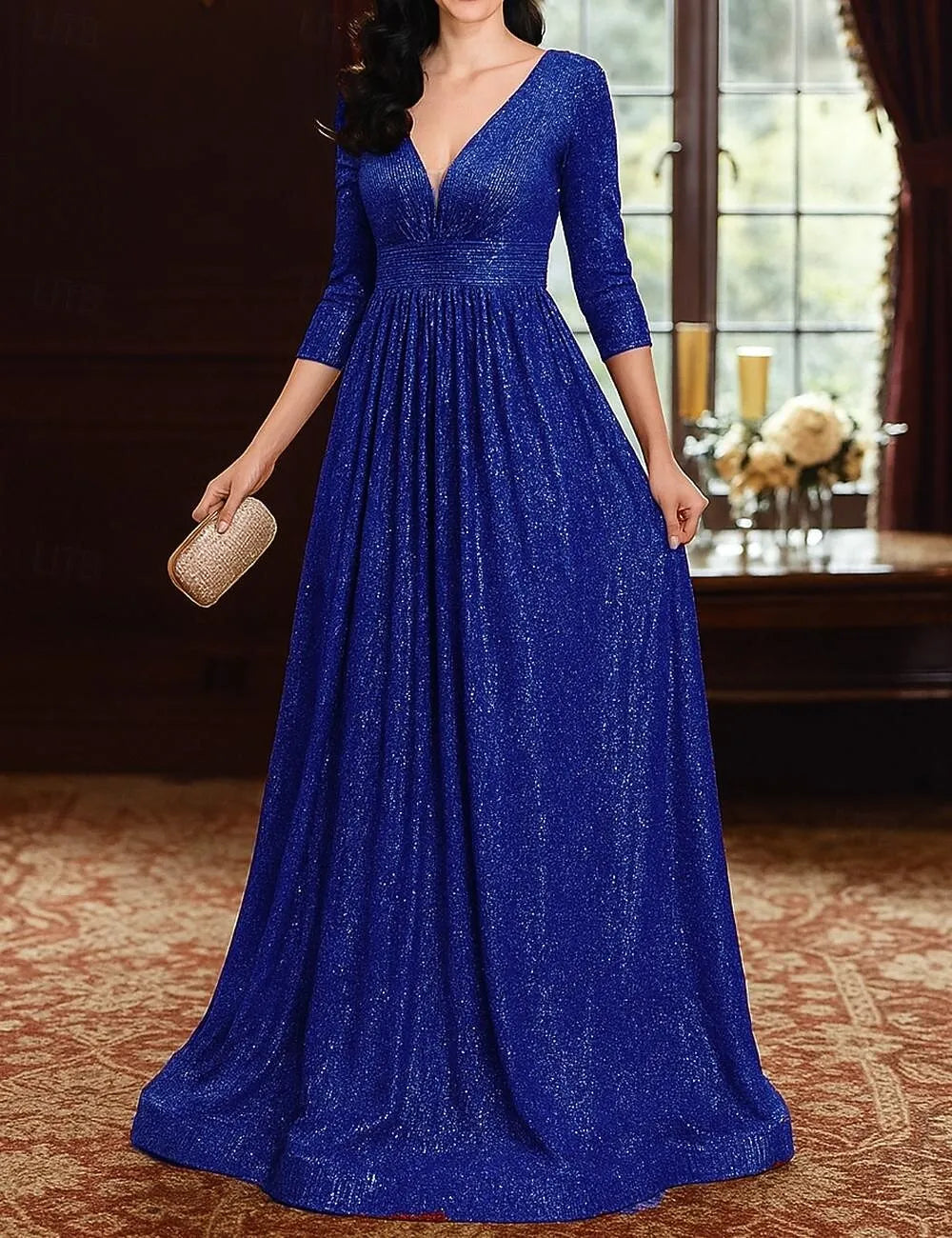Glamorous A-Line V-Neck 3/4-Sleeve Sequin Champagne Maxi Evening Dress for Women Ready to Ship