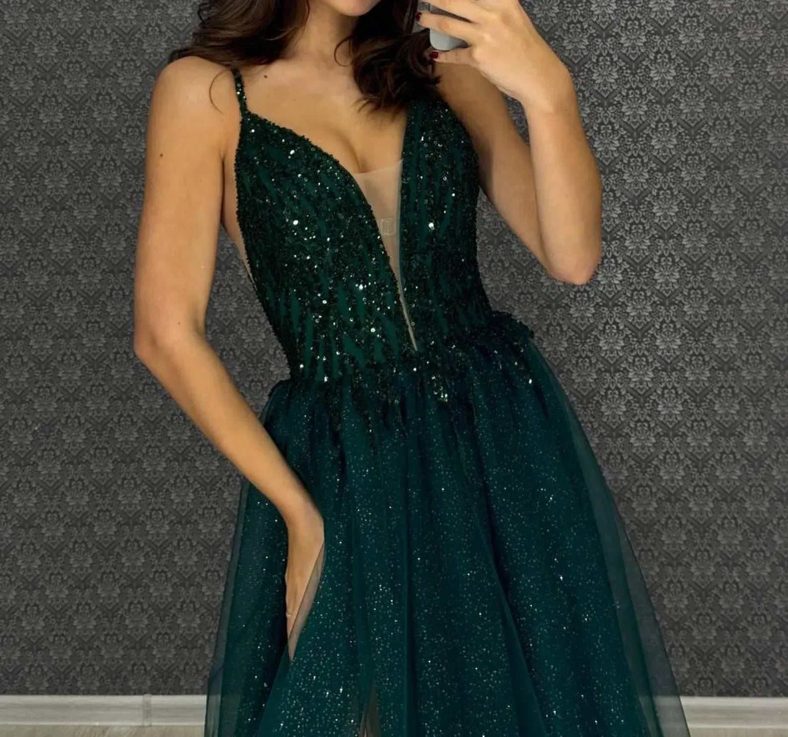 Glamorous A-Line V-Neck Beaded Glitter Tulle Black Long Prom Dress With Slit
