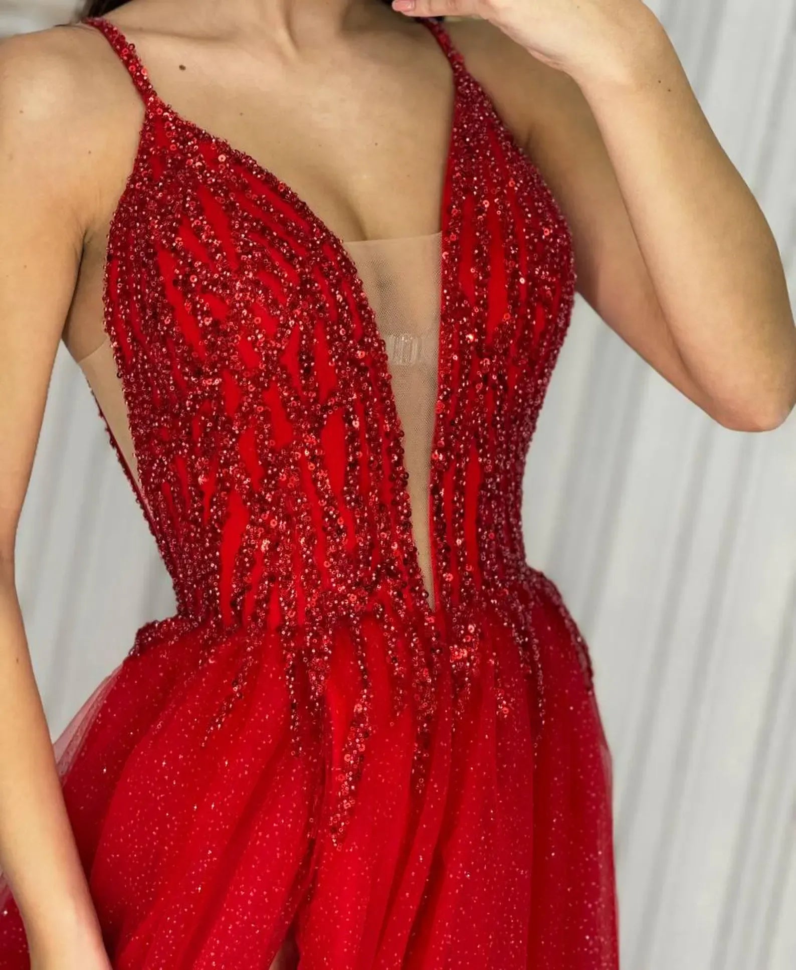 Glamorous A-Line V-Neck Beaded Glitter Tulle Black Long Prom Dress With Slit