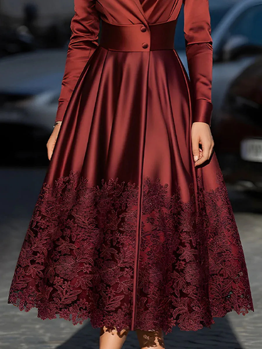 Glamorous A-Line V-Neck Long Sleeve Lace Applique Burgundy Midi Prom Dresses