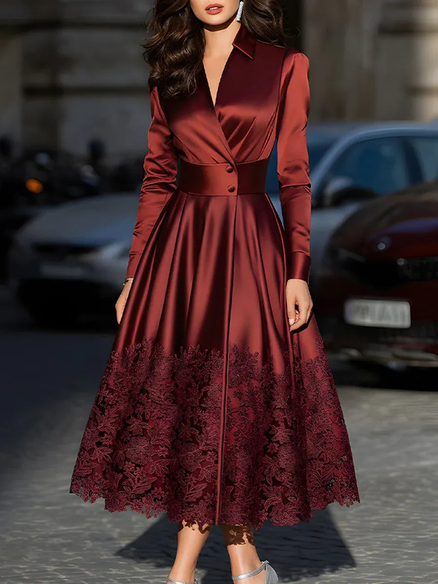 Glamorous A-Line V-Neck Long Sleeve Lace Applique Burgundy Midi Prom Dresses