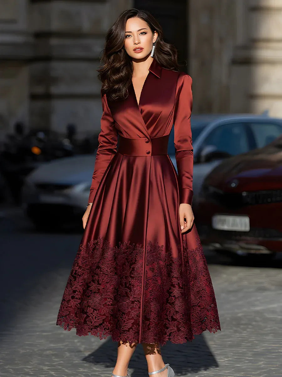 Glamorous A-Line V-Neck Long Sleeve Lace Applique Burgundy Midi Prom Dresses