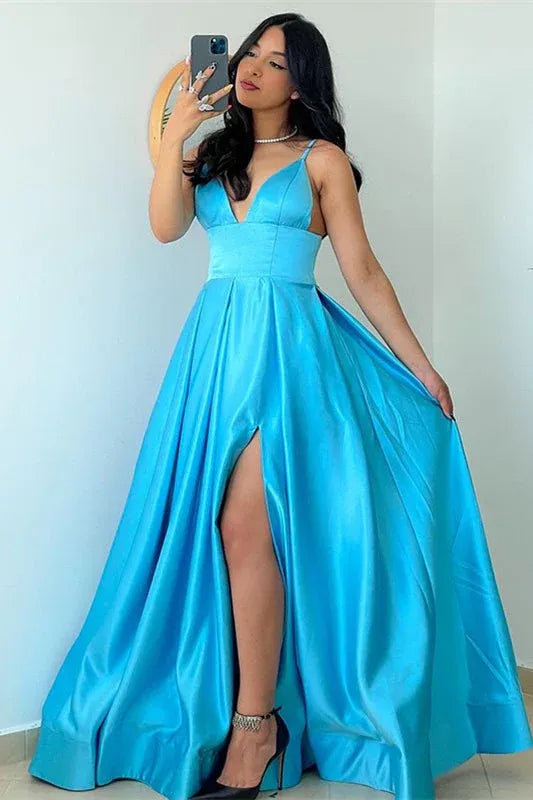 Glamorous A-line Spaghetti Ruched Sky Blue Floor Length Prom Dress For Ladies