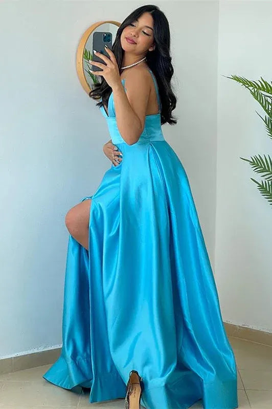 Glamorous A-line Spaghetti Ruched Sky Blue Floor Length Prom Dress For Ladies