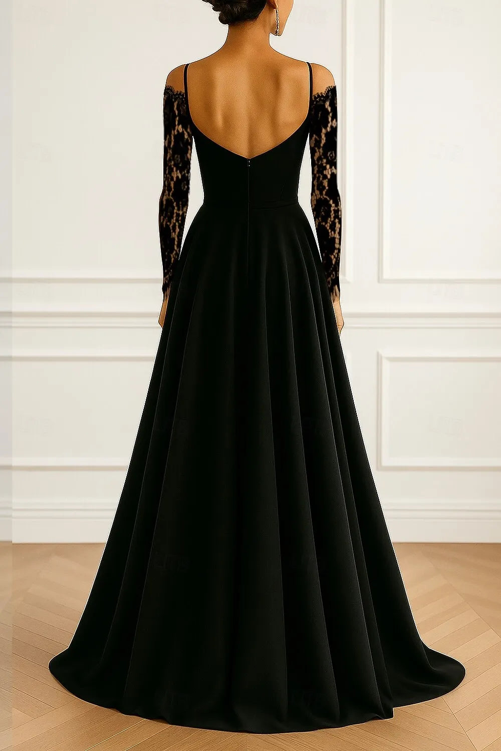 Glamorous A-line V-Neck Long Sleeve Lace Appliqué Black Floor-Length Prom Dress With Pocket Ready To Ship