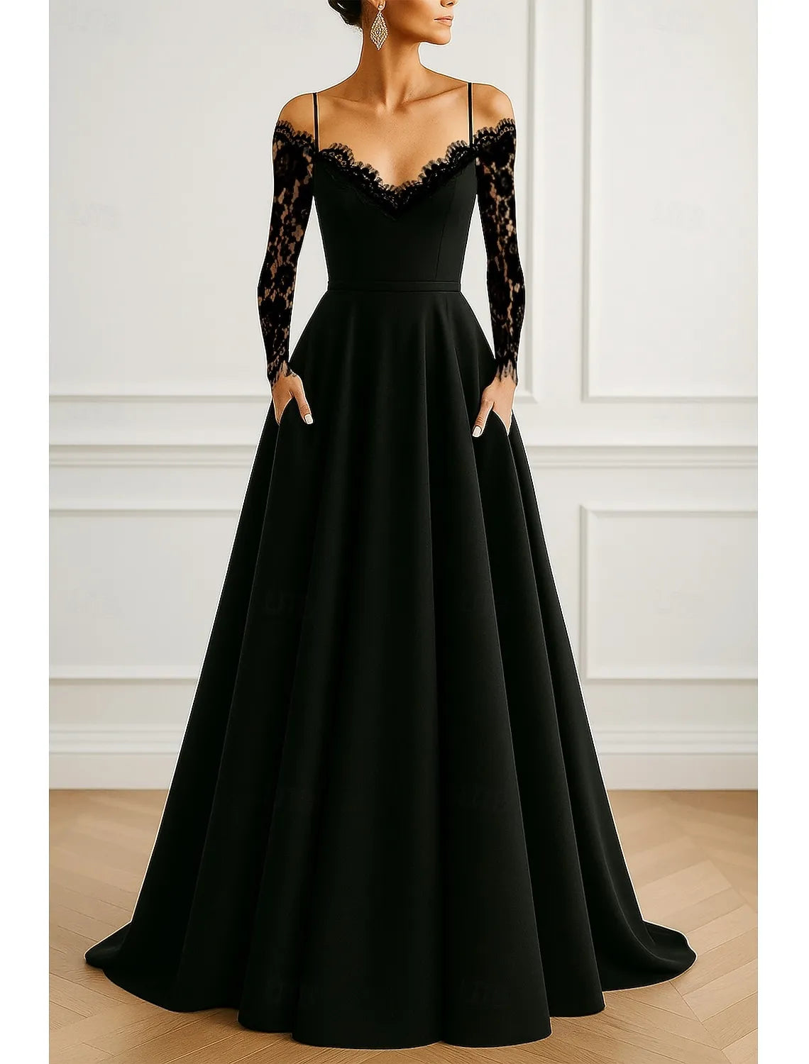 Glamorous A-line V-Neck Long Sleeve Lace Appliqué Black Floor-Length Prom Dress With Pocket Ready To Ship
