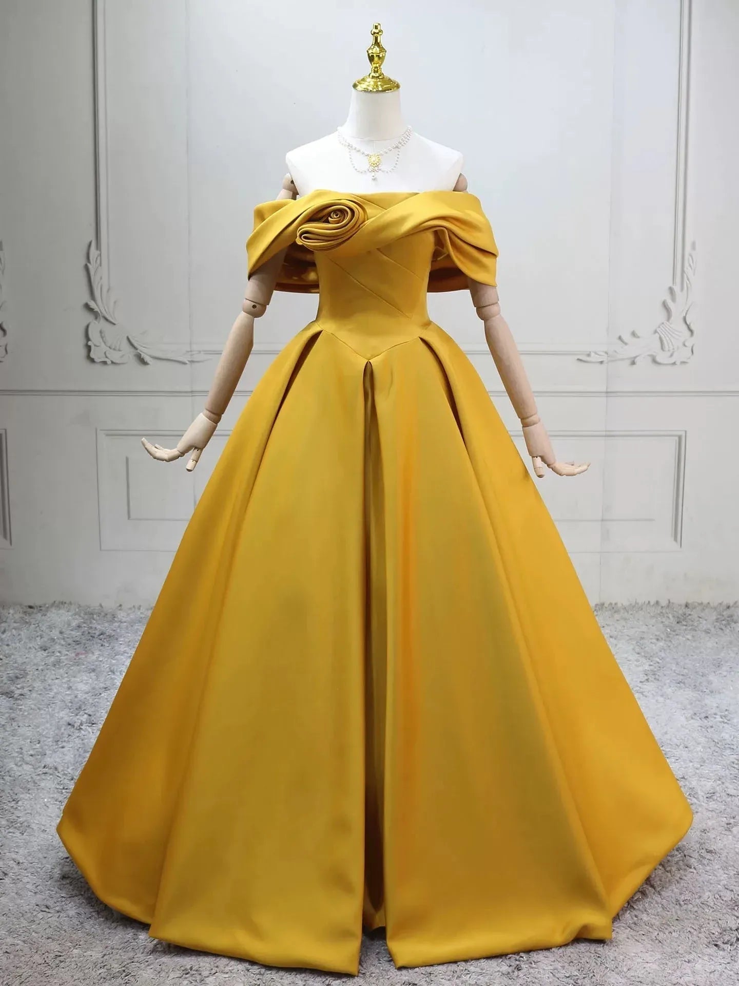 Glamorous Ball Gown Off Shoulder Floral Detail Yellow Long Prom Dresses