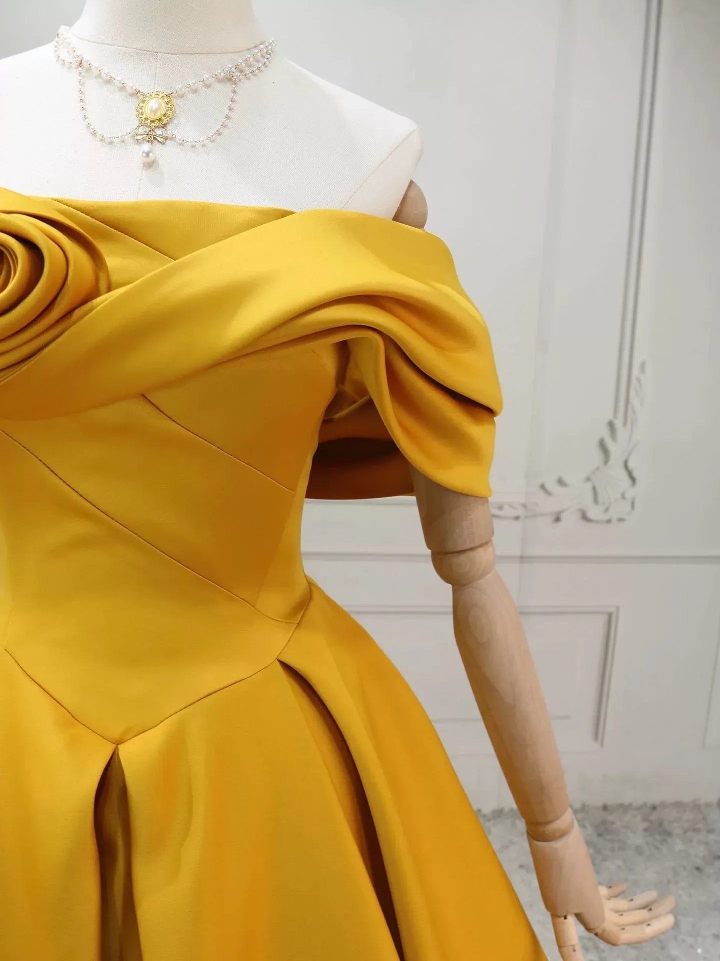 Glamorous Ball Gown Off Shoulder Floral Detail Yellow Long Prom Dresses
