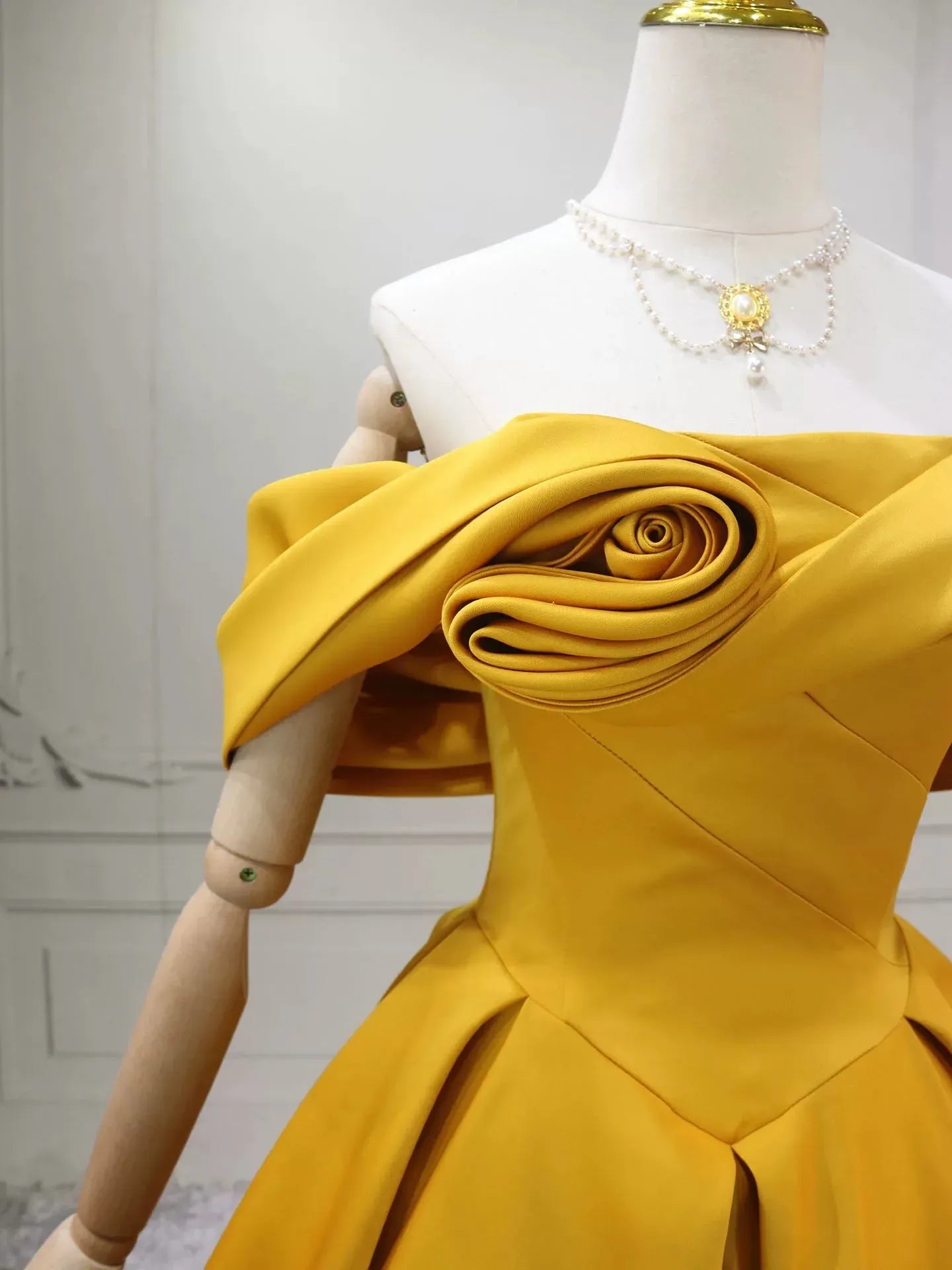Glamorous Ball Gown Off Shoulder Floral Detail Yellow Long Prom Dresses