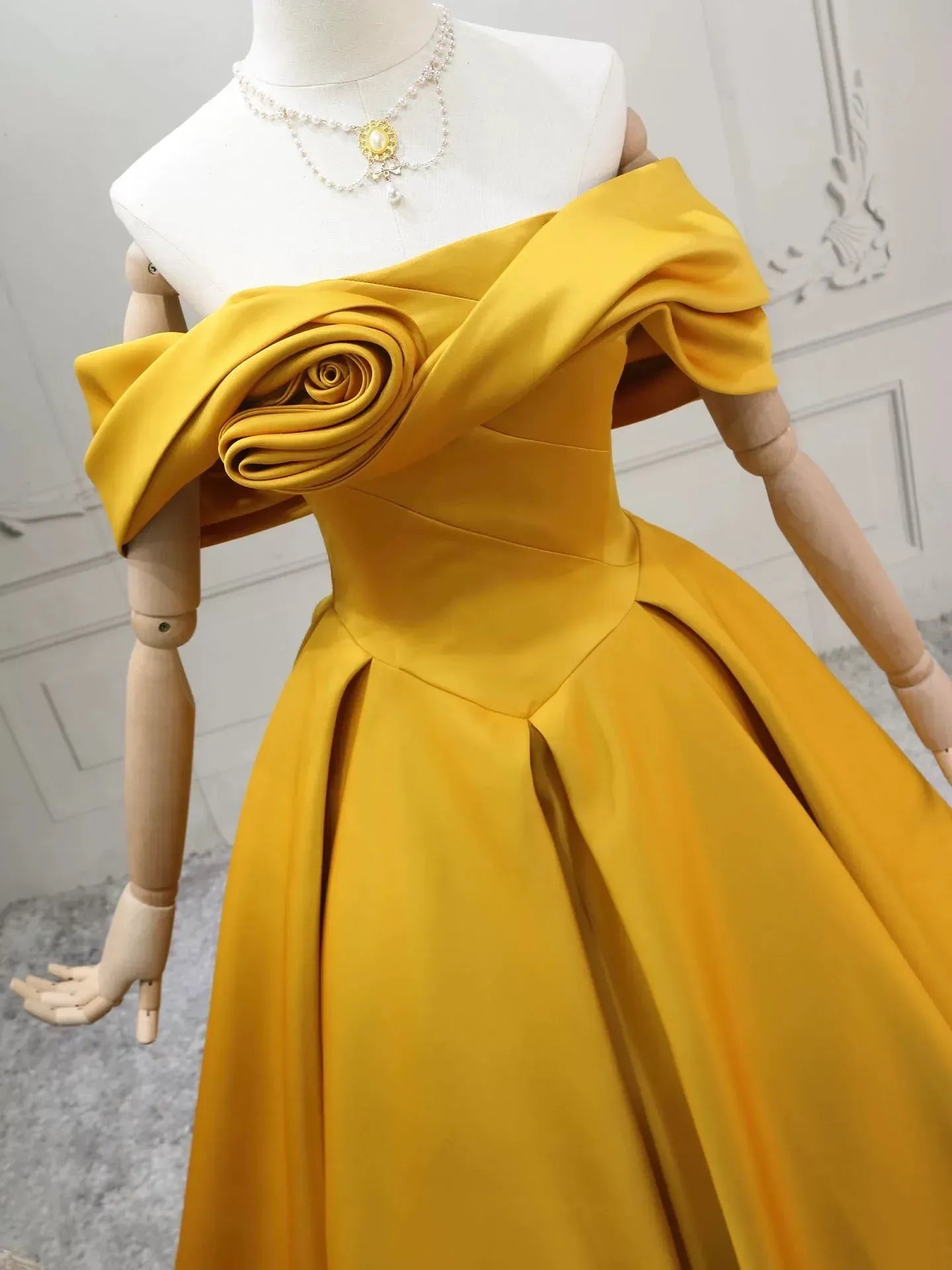 Glamorous Ball Gown Off Shoulder Floral Detail Yellow Long Prom Dresses