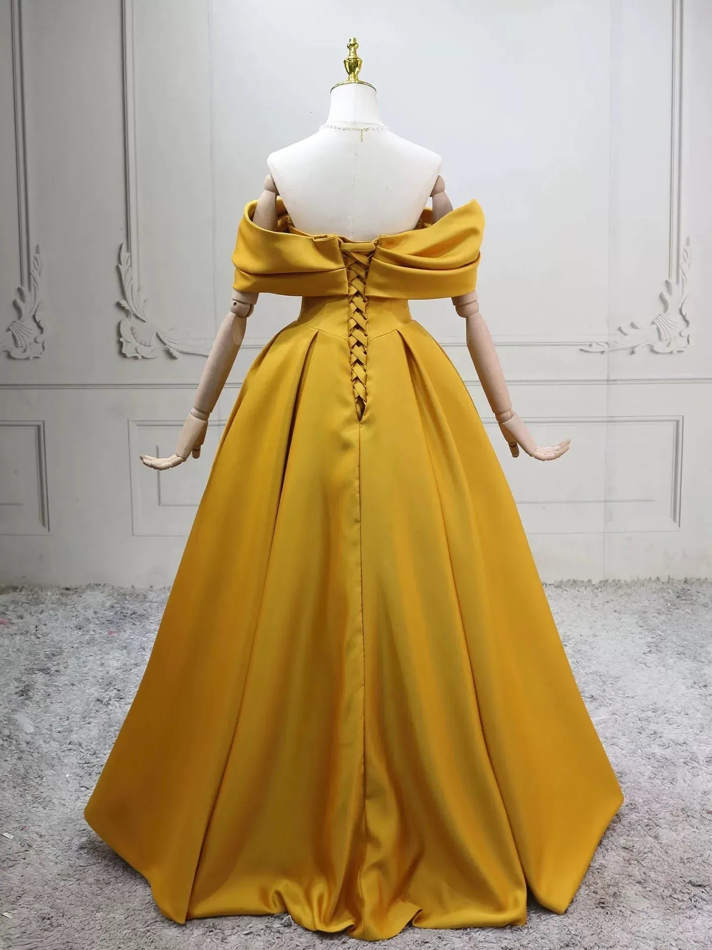 Glamorous Ball Gown Off Shoulder Floral Detail Yellow Long Prom Dresses