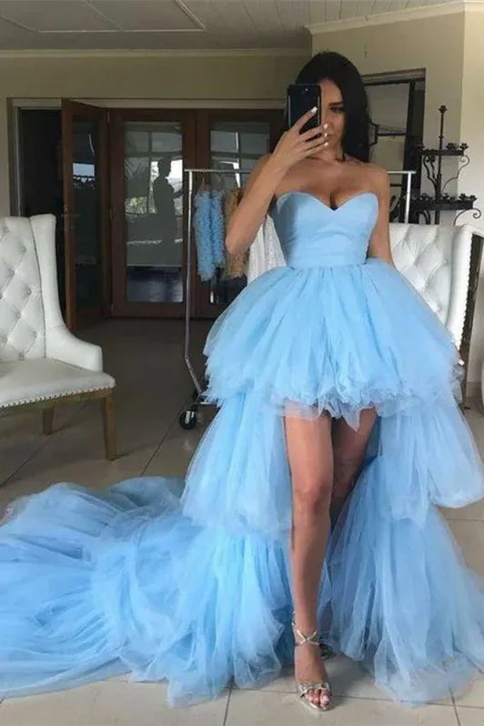 Glamorous Ball Gown Sweetheart Tiered Sky Blue High Low Prom Dress For Ladies Hot Sale