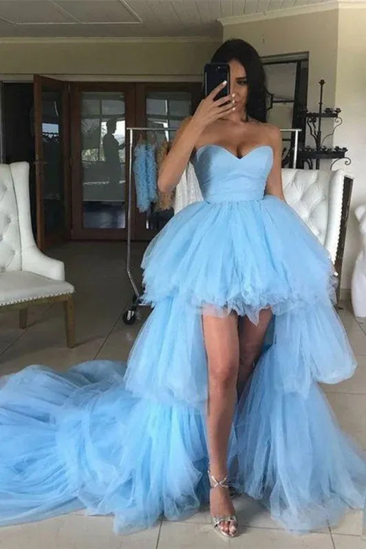 Glamorous Ball Gown Sweetheart Tiered Sky Blue High Low Prom Dress For Ladies Hot Sale