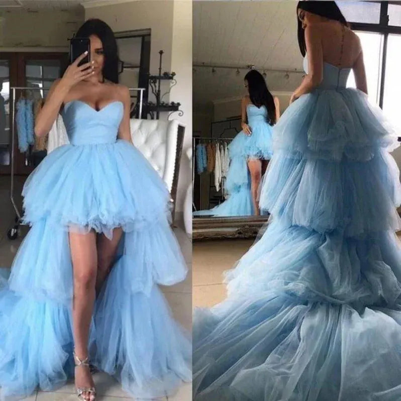 Glamorous Ball Gown Sweetheart Tiered Sky Blue High Low Prom Dress For Ladies Hot Sale