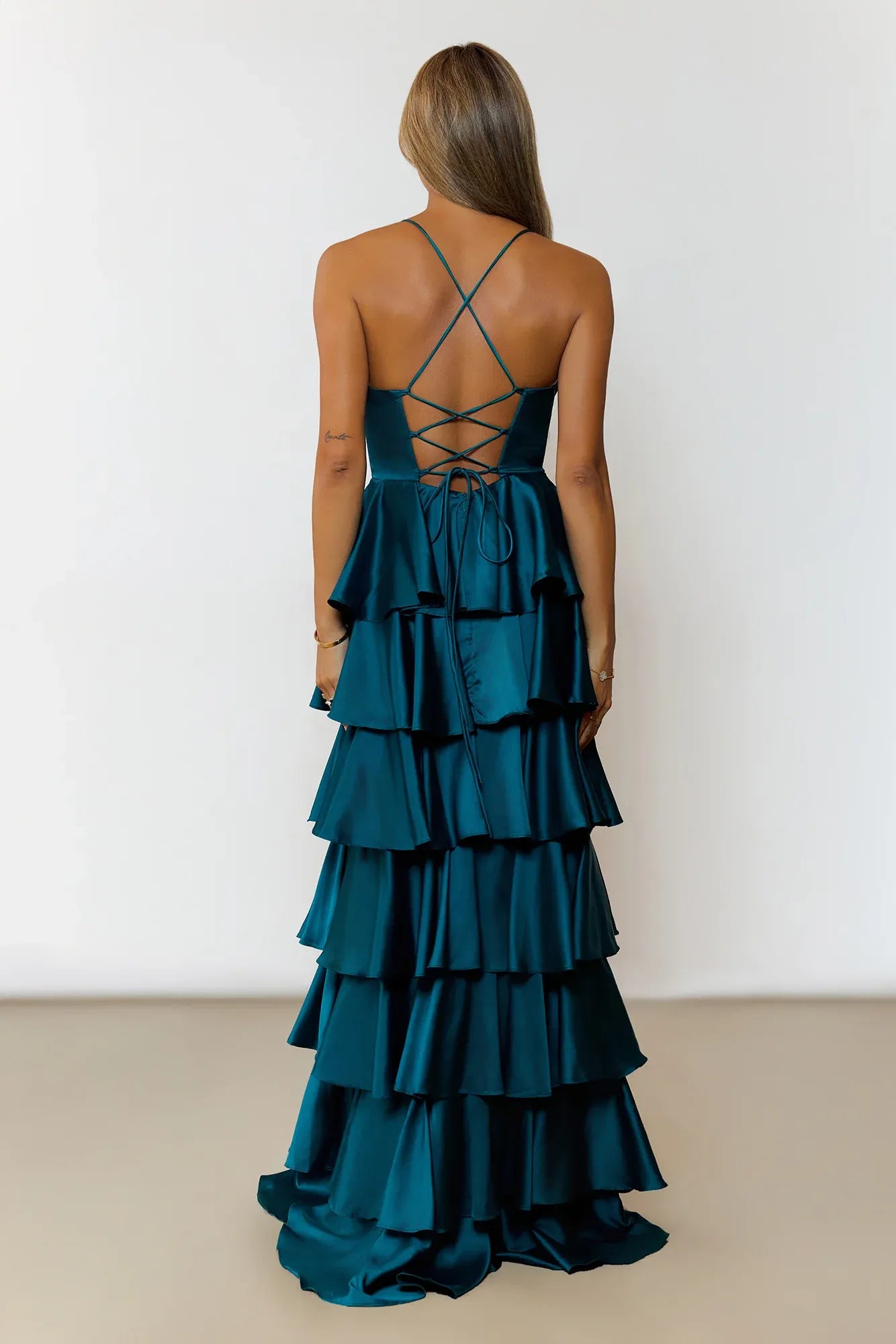 Glamorous Ballgown Sweetheart Sleeveless Tiered Ruffle Teal Maxi Prom Dress Ready To Ship