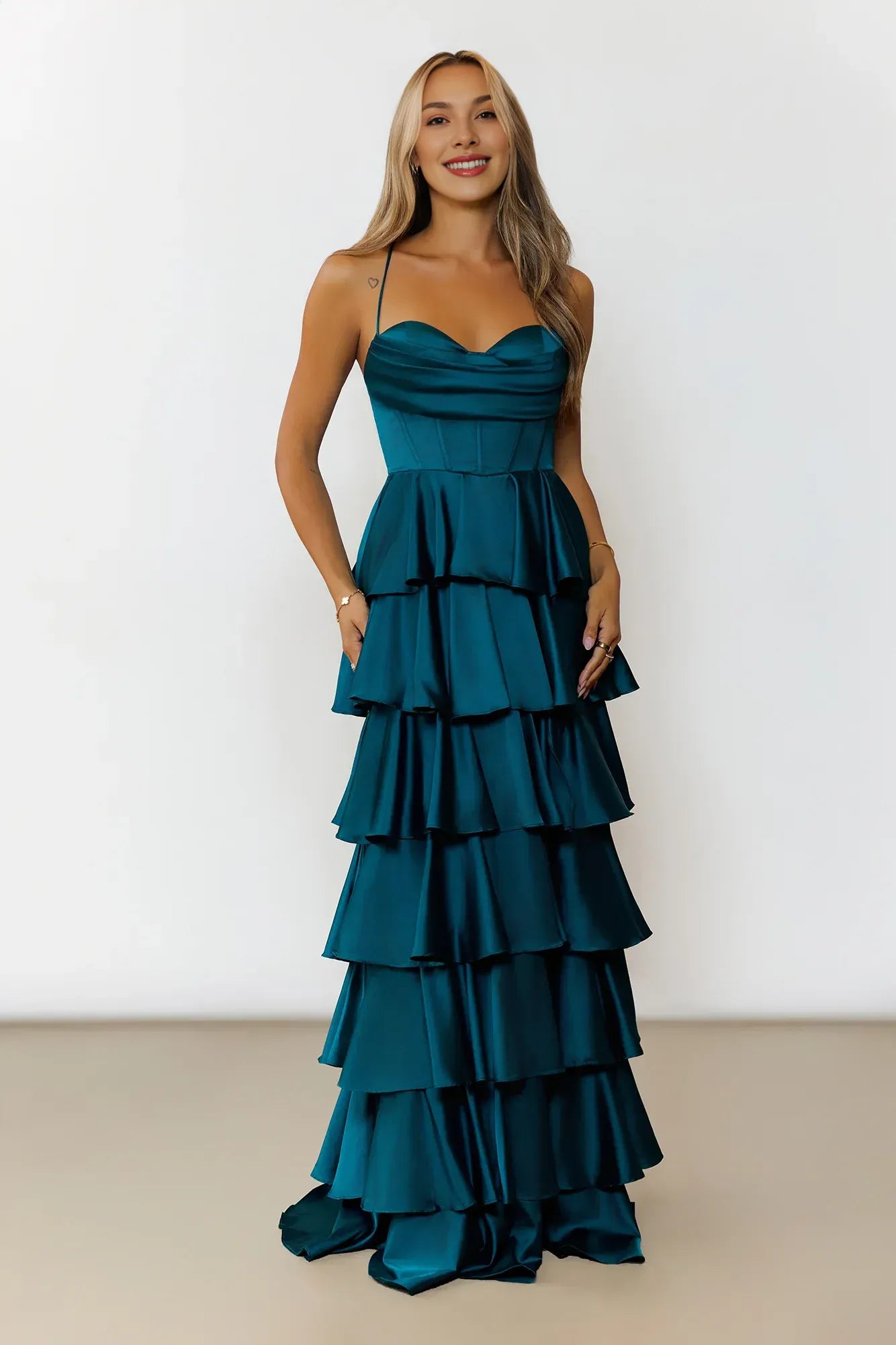 Glamorous Ballgown Sweetheart Sleeveless Tiered Ruffle Teal Maxi Prom Dress Ready To Ship