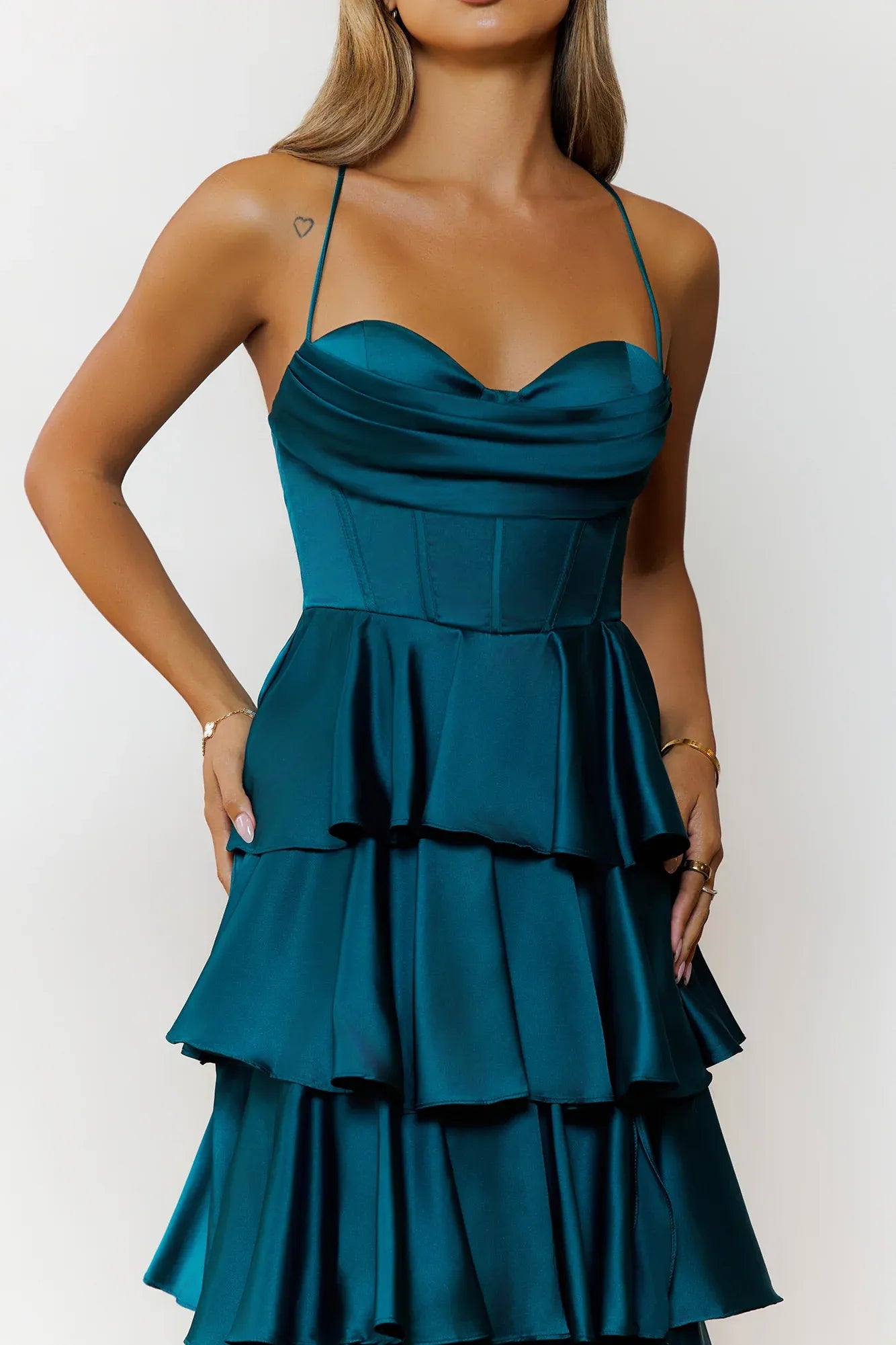 Glamorous Ballgown Sweetheart Sleeveless Tiered Ruffle Teal Maxi Prom Dress Ready To Ship