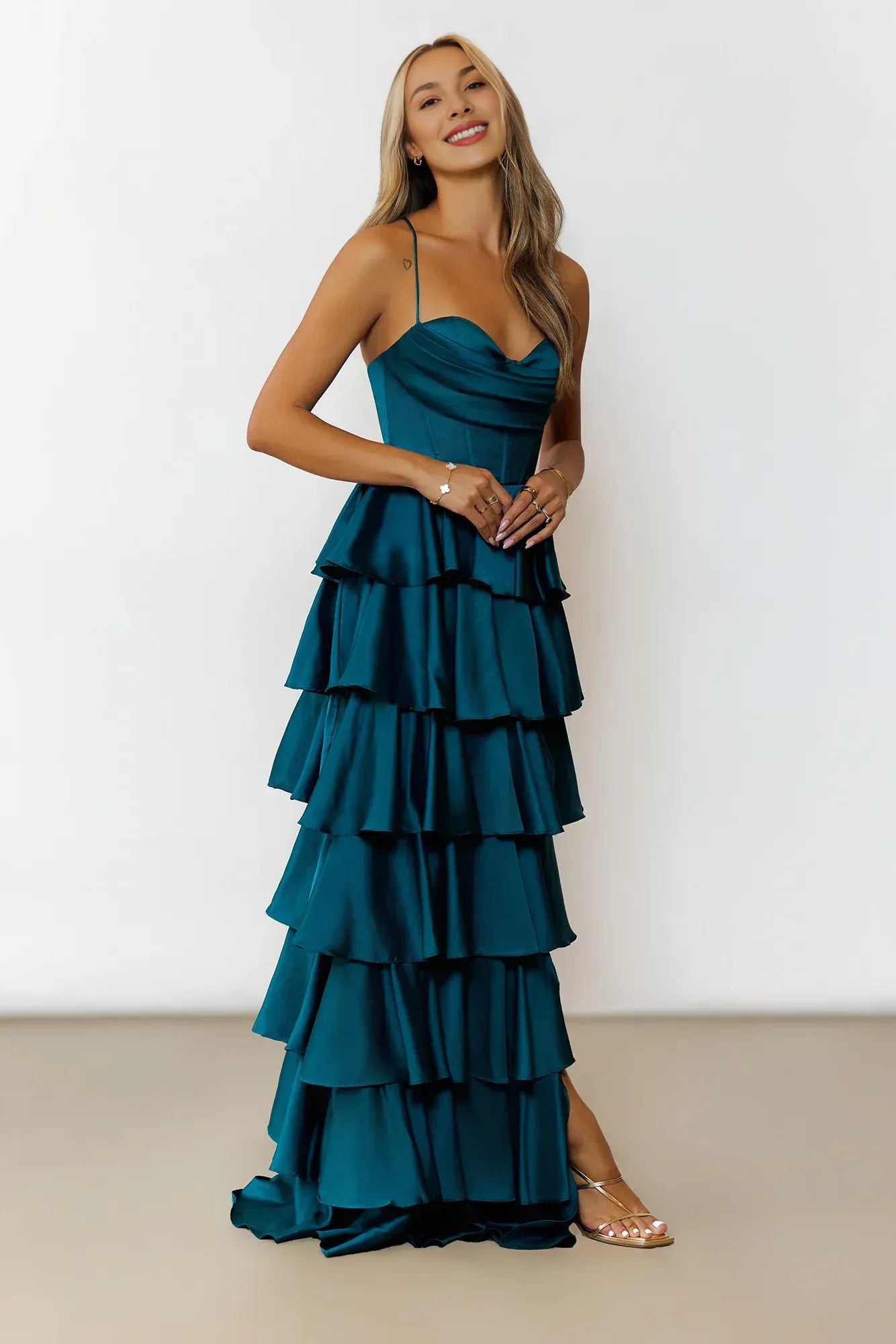 Glamorous Ballgown Sweetheart Sleeveless Tiered Ruffle Teal Maxi Prom Dress Ready To Ship