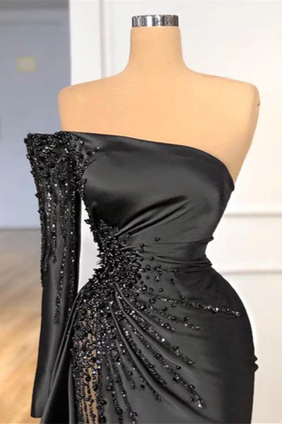 Glamorous Black Strapless Long Sleeve One Shoulder Prom Dress Beadings Evening Dress