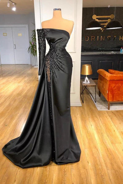 Glamorous Black Strapless Long Sleeve One Shoulder Prom Dress Beadings Evening Dress