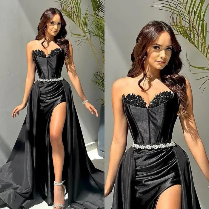 Glamorous Black Strapless Split Long Prom Dress With Belt And Cape Discount Long Party Dress