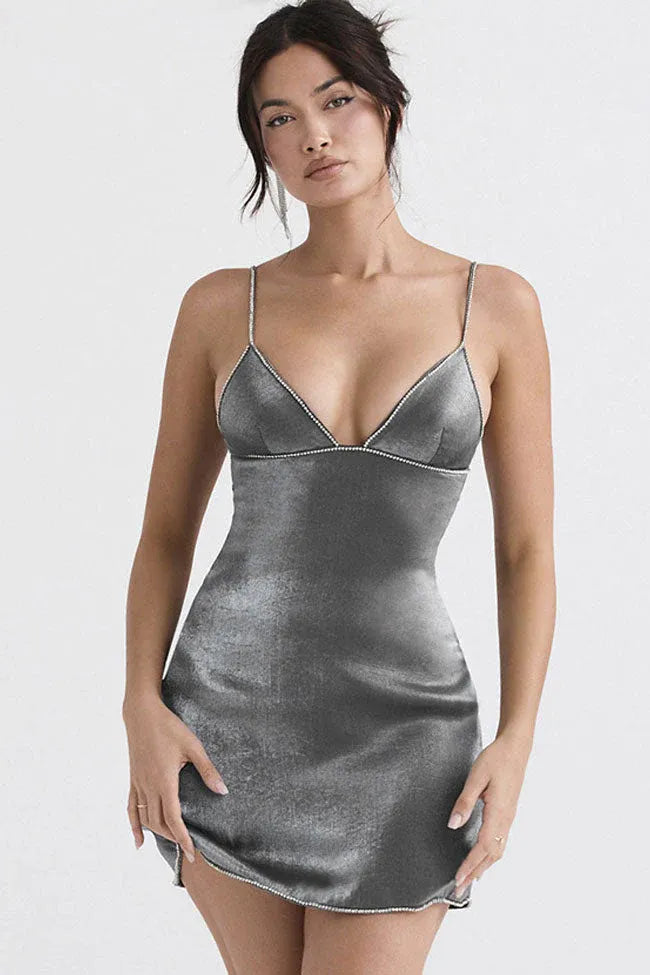Glamorous Bodycon Deep V-Neck Rhinestone Trimmed Backless Gray Mini Homecoming Dress