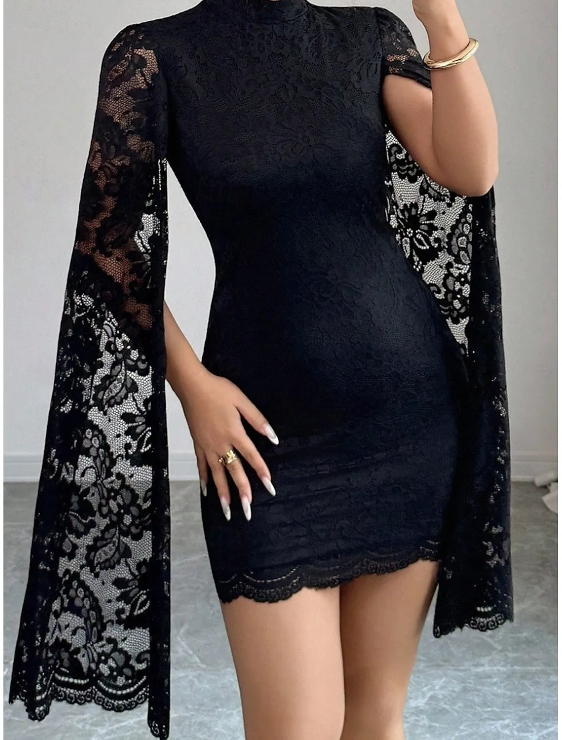 Glamorous Bodycon High Neck Cape-Sleeve Lace Black Mini Prom Dress for Women Hot Sale