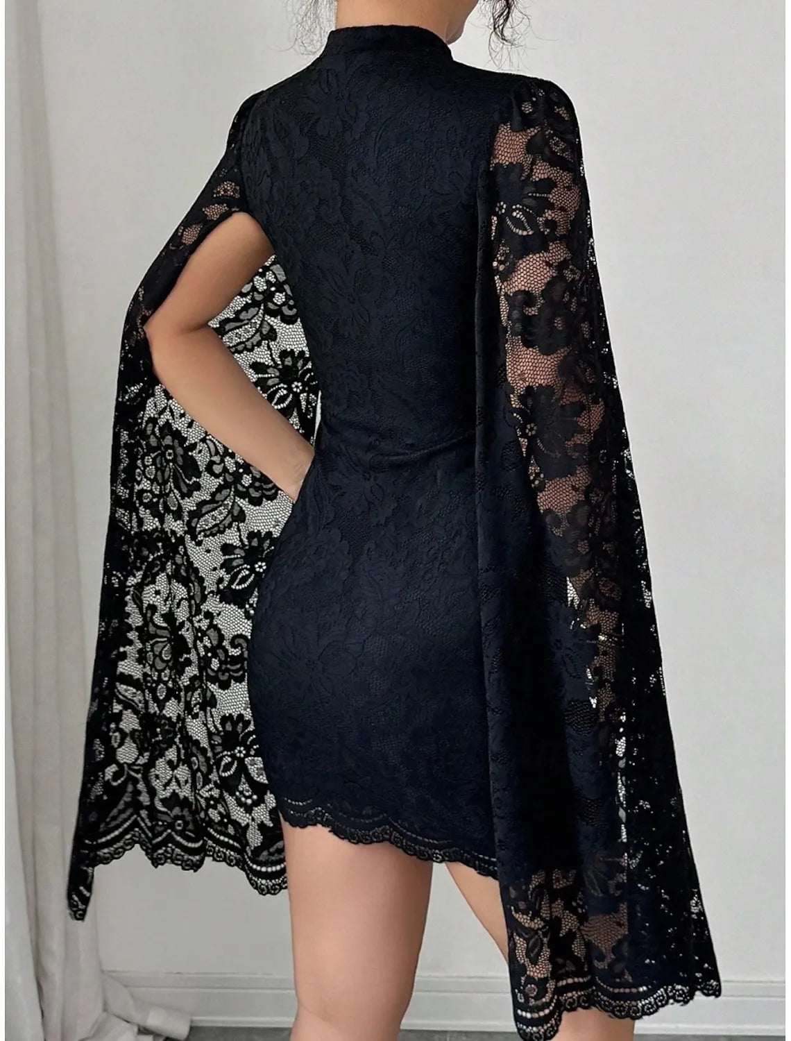 Glamorous Bodycon High Neck Cape-Sleeve Lace Black Mini Prom Dress for Women Hot Sale