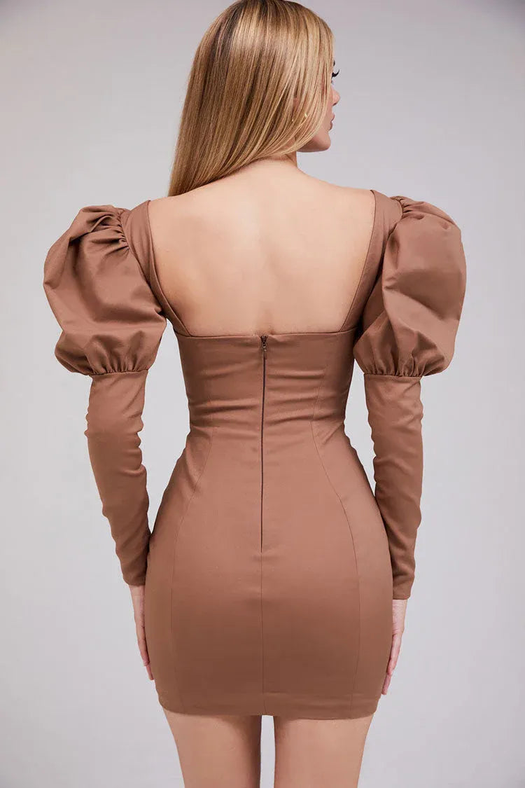 Glamorous Bodycon Sweetheart Puff Sleeve Brown Mini Homecoming Dress