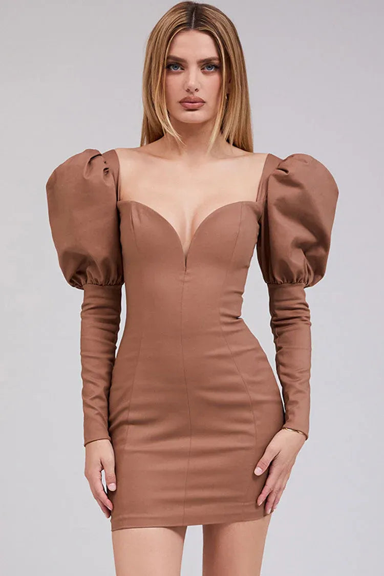 Glamorous Bodycon Sweetheart Puff Sleeve Brown Mini Homecoming Dress