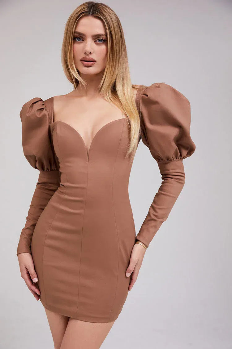 Glamorous Bodycon Sweetheart Puff Sleeve Brown Mini Homecoming Dress