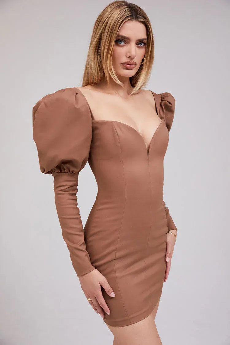 Glamorous Bodycon Sweetheart Puff Sleeve Brown Mini Homecoming Dress