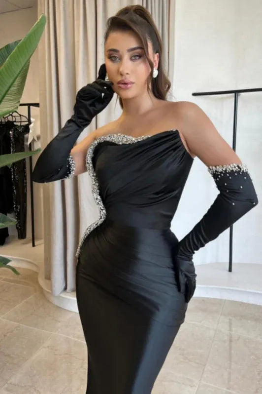 Glamorous Mermaid Asymmetric Strapless Beaded Black Floor-length Prom Dress for Women Ready to Ship