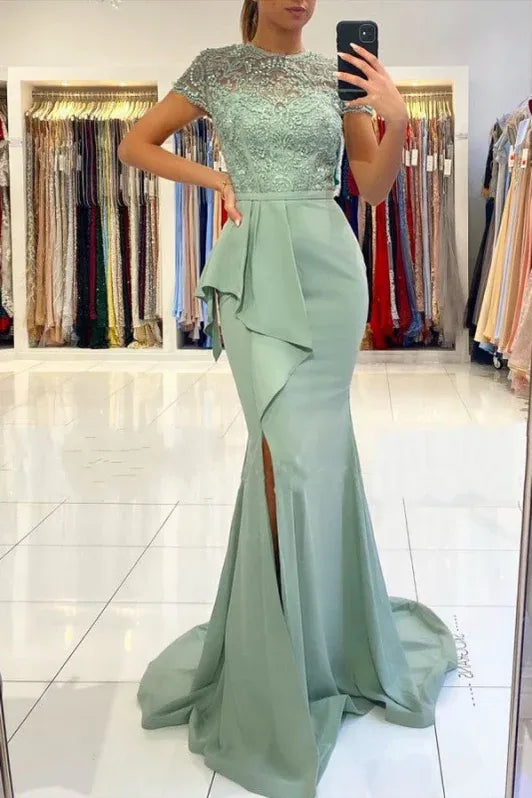Glamorous Mermaid Crew-neck Lace Sage Evening Dress For Female Guests Ready To Ship