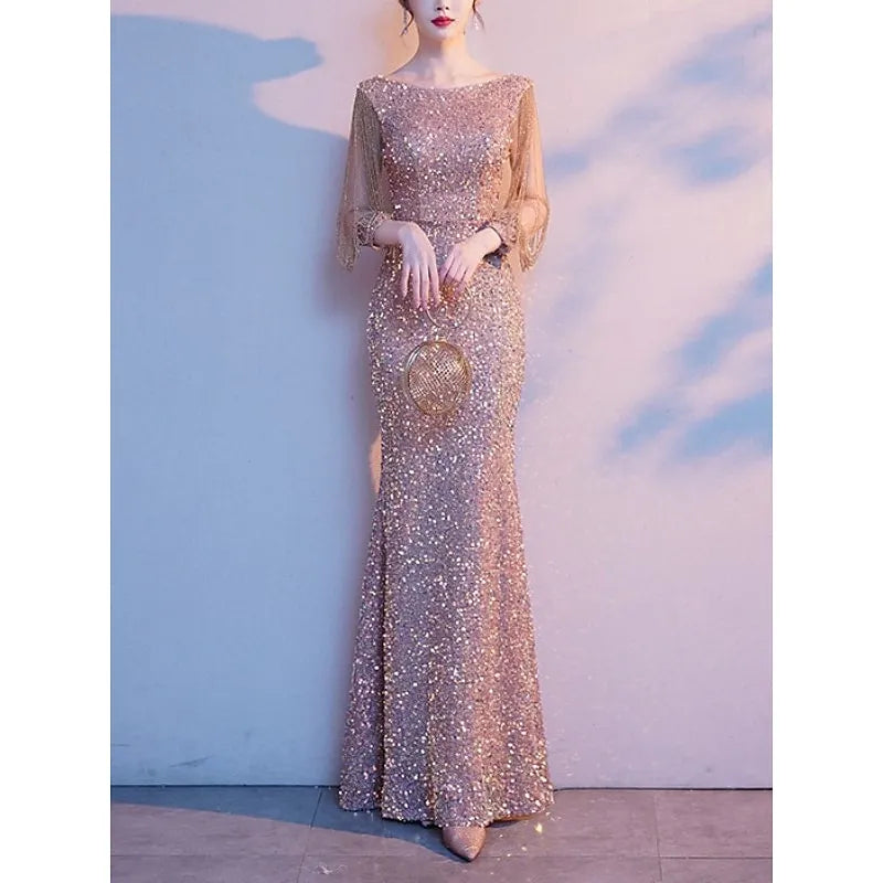 Glamorous Mermaid Crew Neck Half Sleeve Sequined Champagne Maxi Prom Dress for Women Hot Sale