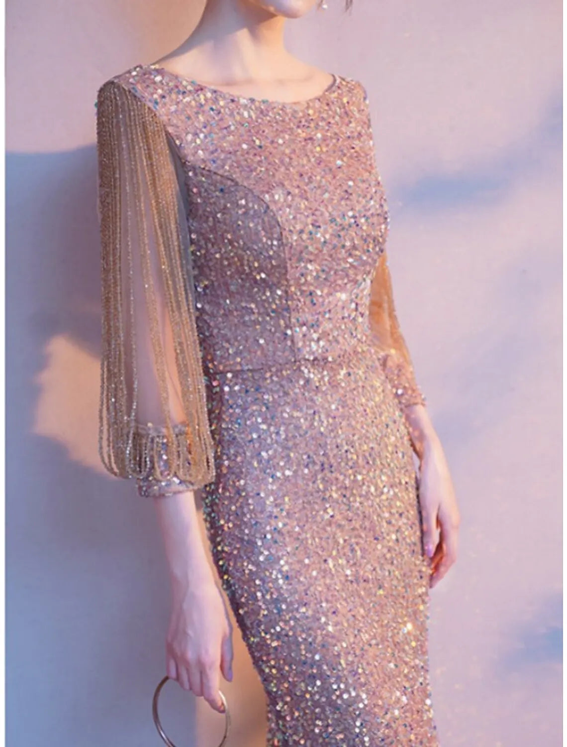 Glamorous Mermaid Crew Neck Half Sleeve Sequined Champagne Maxi Prom Dress for Women Hot Sale