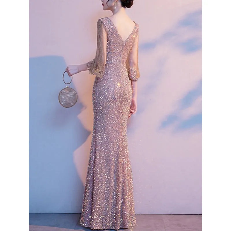 Glamorous Mermaid Crew Neck Half Sleeve Sequined Champagne Maxi Prom Dress for Women Hot Sale