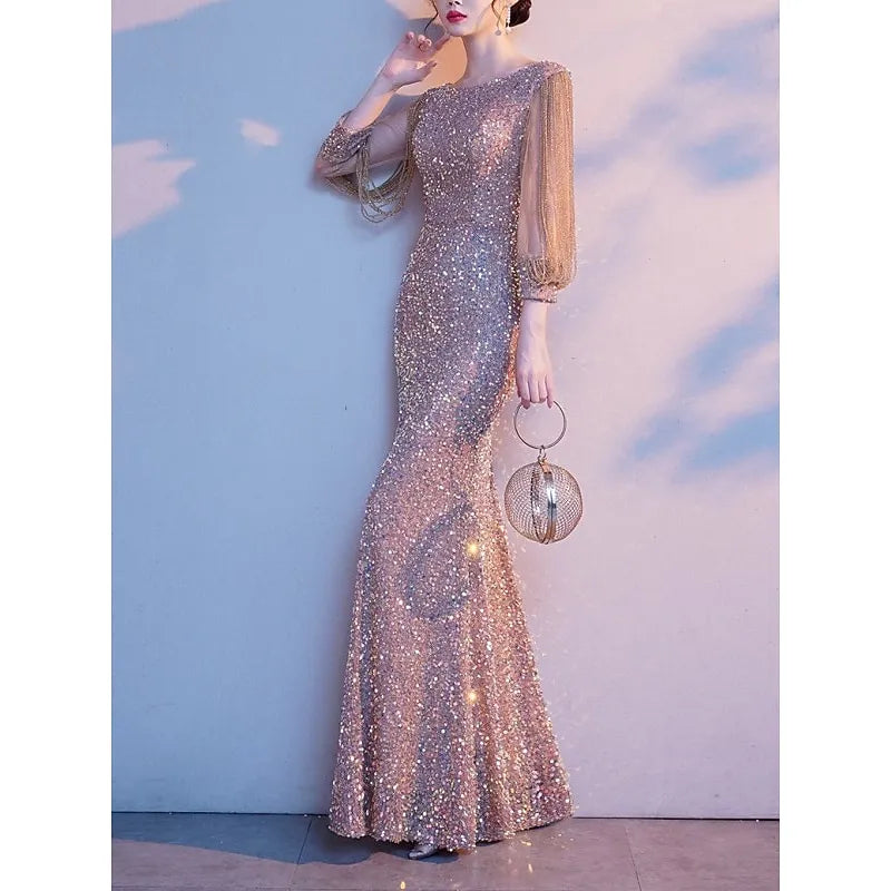 Glamorous Mermaid Crew Neck Half Sleeve Sequined Champagne Maxi Prom Dress for Women Hot Sale