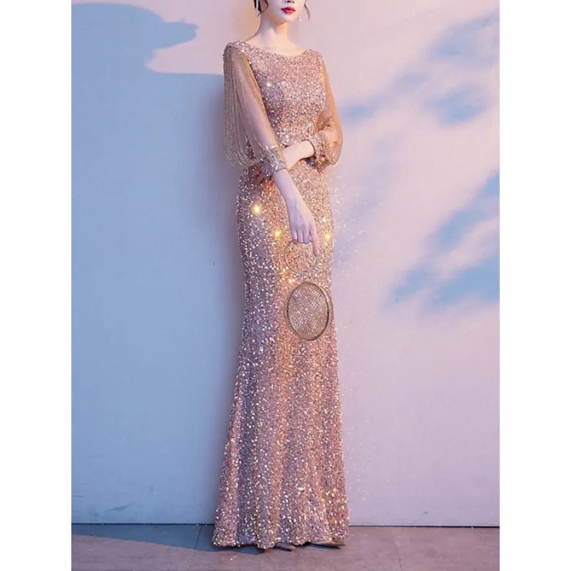 Glamorous Mermaid Crew Neck Half Sleeve Sequined Champagne Maxi Prom Dress for Women Hot Sale