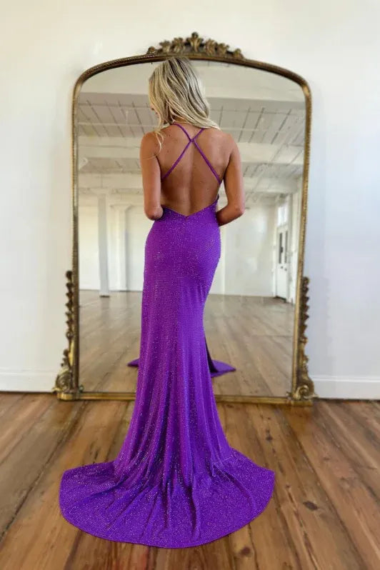 Glamorous Mermaid Deep V Neck Spaghetti Straps Beaded Purple Train Evening Dress For Sale