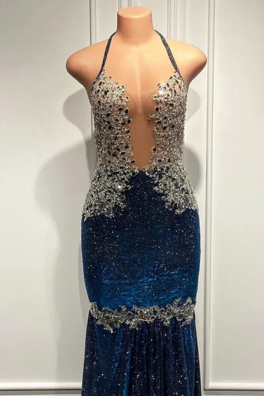 Glamorous Mermaid Halter Beaded Navy Evening Dress For Ladies Hot Sale