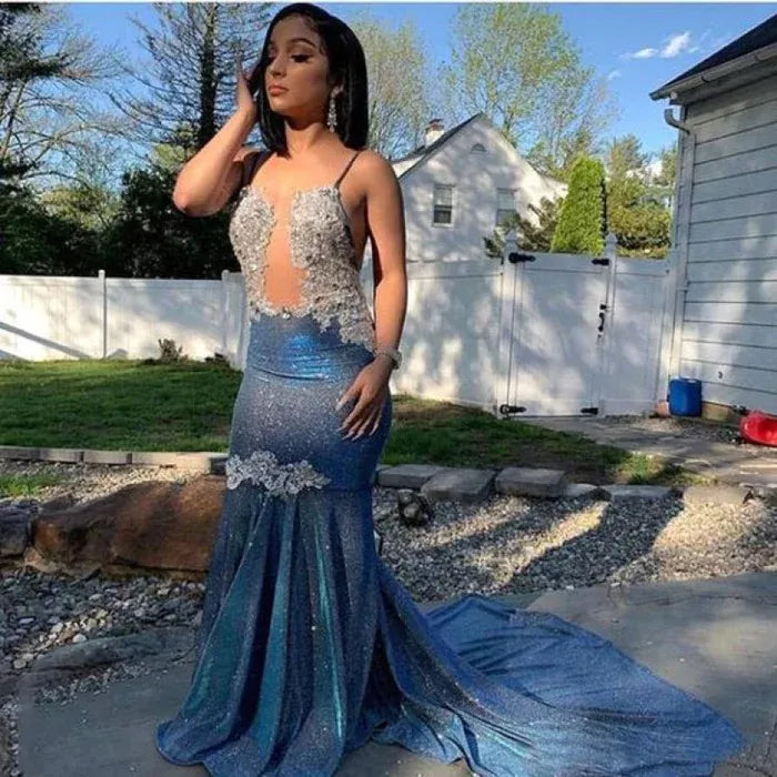Glamorous Mermaid Halter Beaded Navy Evening Dress For Ladies Hot Sale